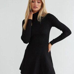 Reformation Long Sleeve Turtleneck Skater Mini Dress Black L